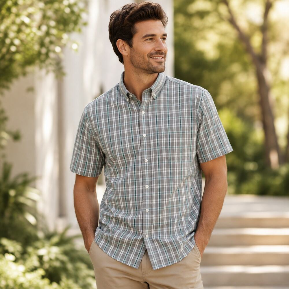 Plaid Button Down Shirt Mens Small 34/36 Green Gray NWT Casual Dad Style Vacay